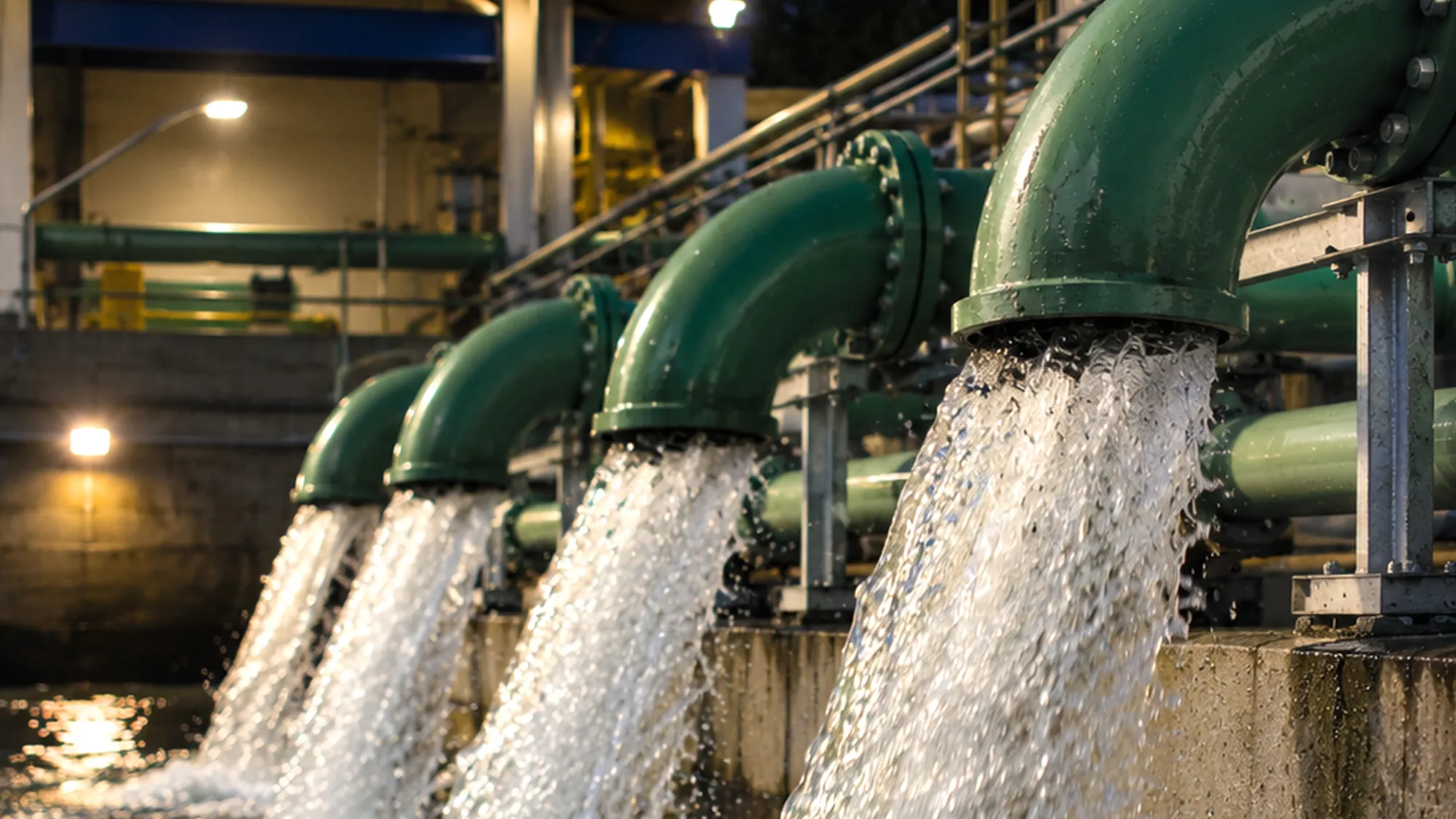 Water gushing from a row of green industrial outlet pipes into a channel at dusk