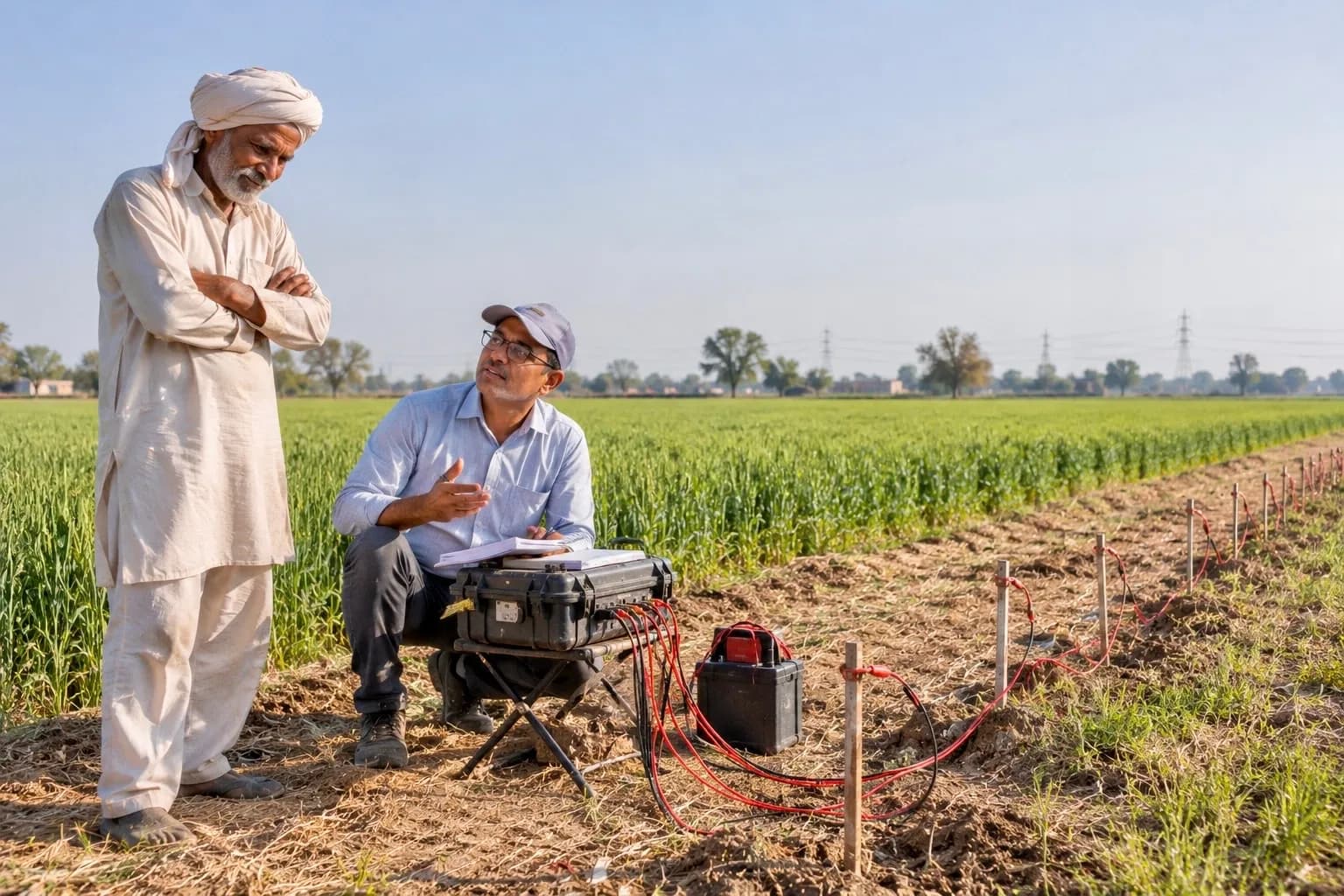 A surveyor with a resistivity meter and electrodes laid along a field, explaining the survey to a farmer