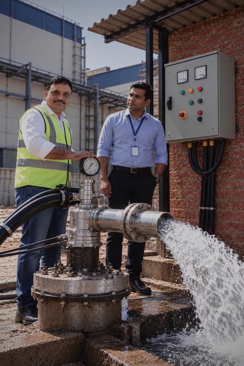 Rajesh Saini with a hand on the pressure gauge of a newly commissioned borewell as water discharges at an industrial site