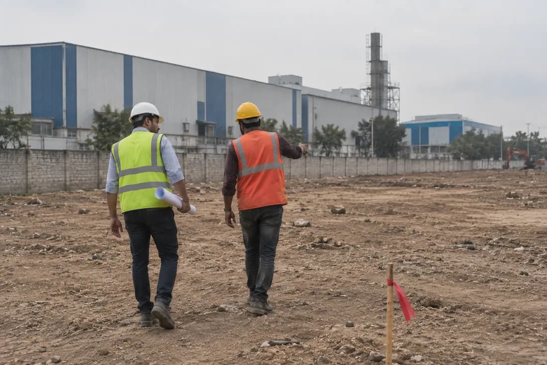 Two people in hard hats and hi-vis vests walking a cleared industrial plot, one carrying rolled site drawings, a marker peg in the foreground
