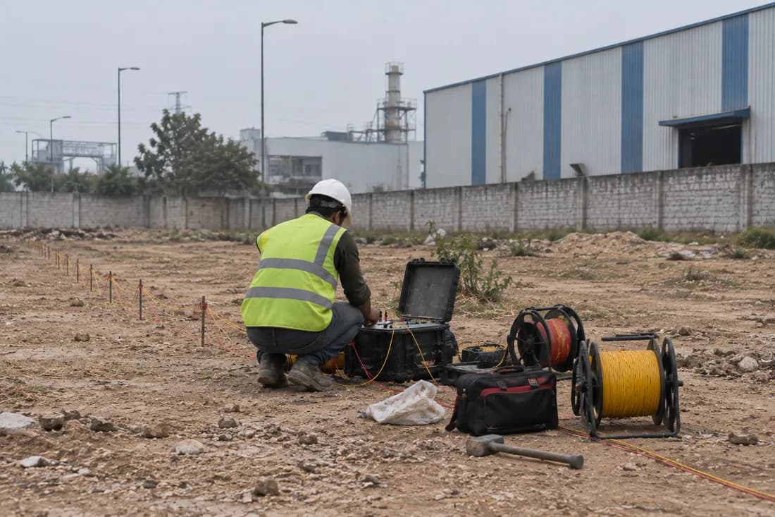 A surveyor crouched over a resistivity meter on a cleared plot, with electrode stakes in a line and cable spools beside him