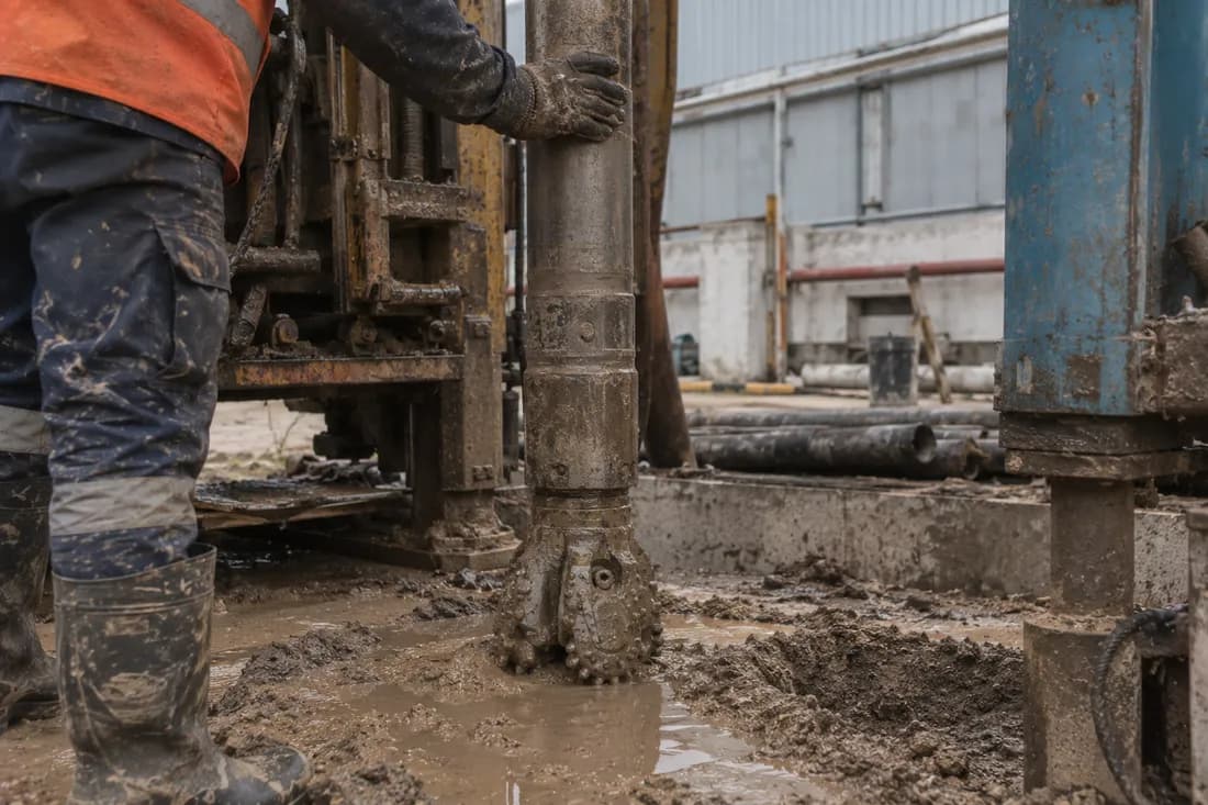 Close view of a tricone drill bit entering muddy ground at a rig, a worker's gloved hand steadying the drill string