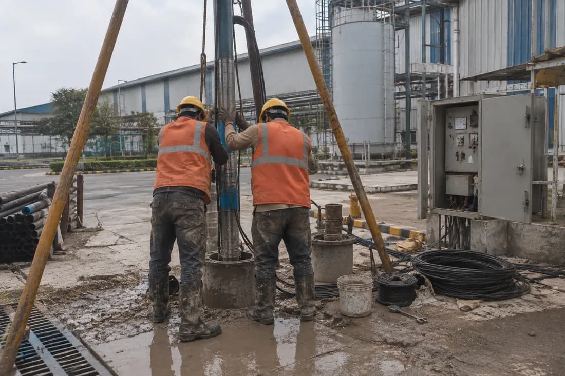 Two workers lowering a submersible pump into a borewell on a tripod, with an electrical panel and coiled cable beside them
