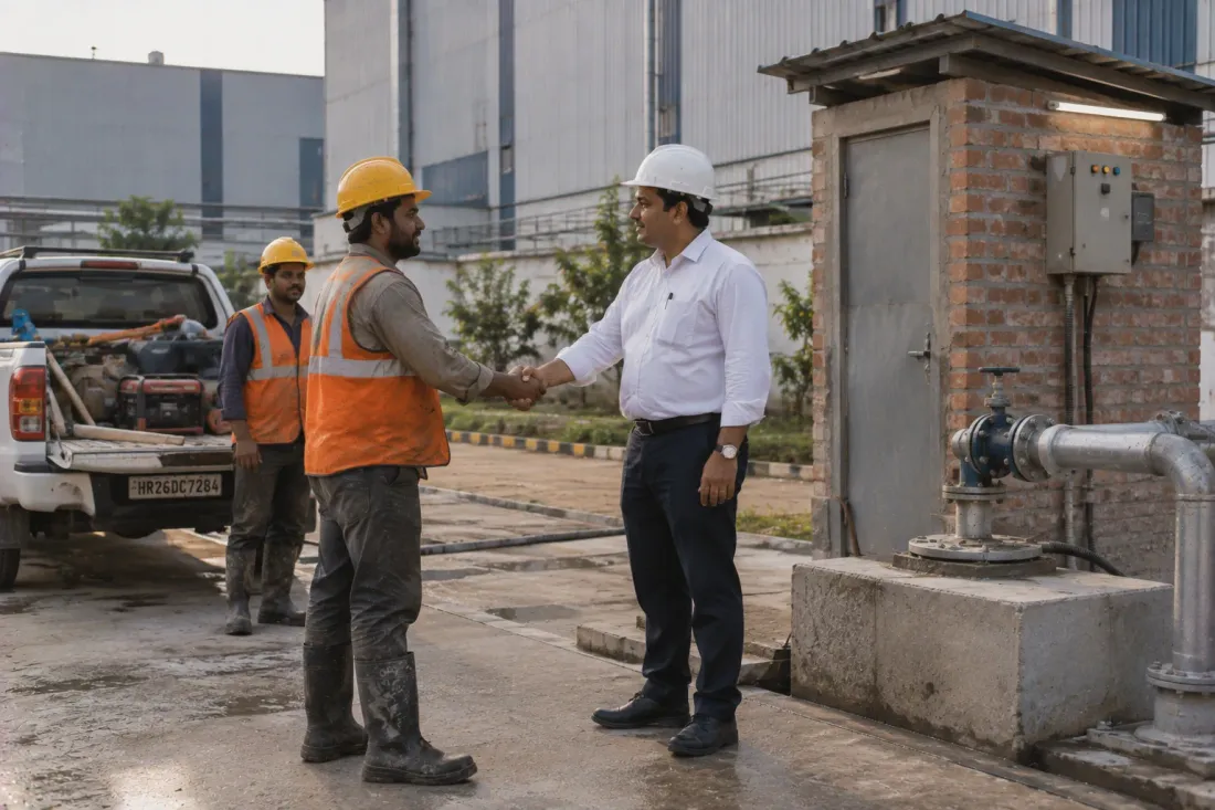 A site engineer shaking hands with a crew member beside a finished, capped borewell and its pump housing