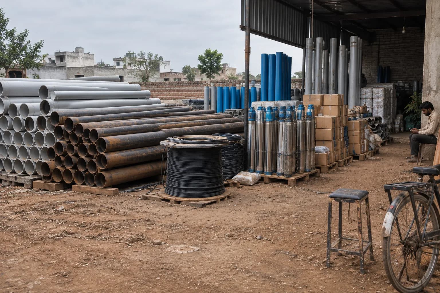 uPVC and steel casing pipes and submersible pumps in a supply yard